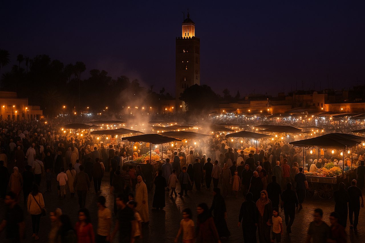 morocco during ramadan - Jemaa el-Fna square at night packed with families and food stalls