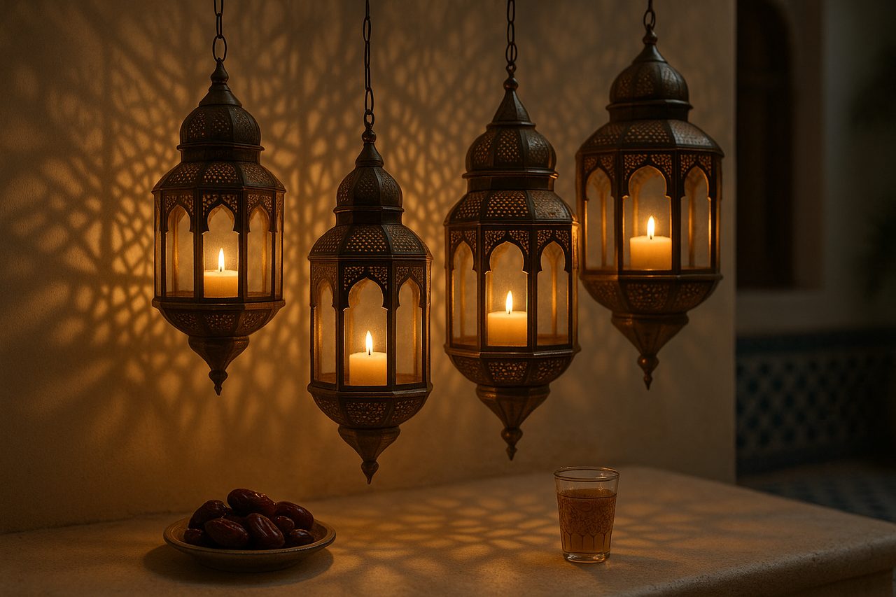morocco during ramadan - hanging brass and copper Moroccan lanterns in riad courtyard