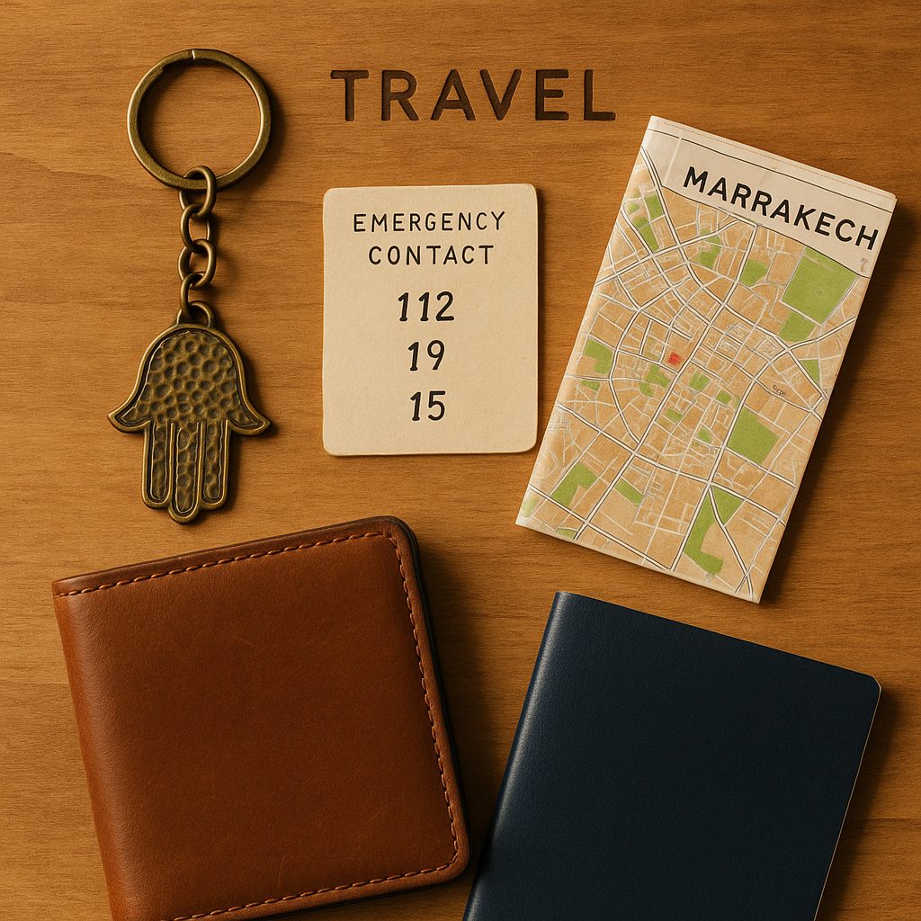 morocco emergency numbers - flat lay travel journal with emergency contact card showing 112, 19, 15 and Hand of Fatima keychain
