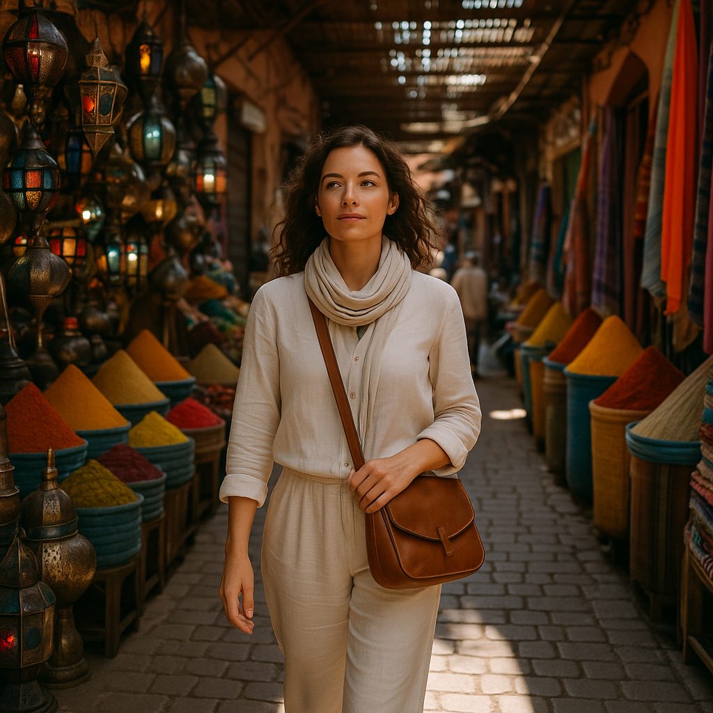 is morocco safe for women - solo female traveler walking confidently through Marrakech souk in modest dress