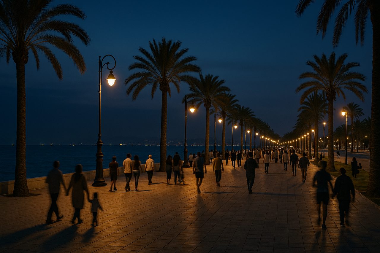 is morocco safe at night - Tangier corniche promenade at night with lit street lamps and pedestrians