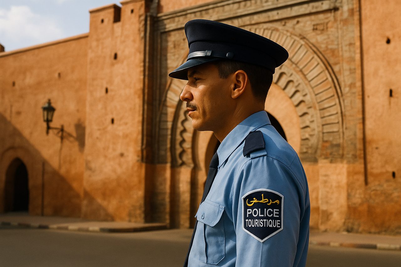 is morocco safe - tourist police officer in uniform near Marrakech medina gate