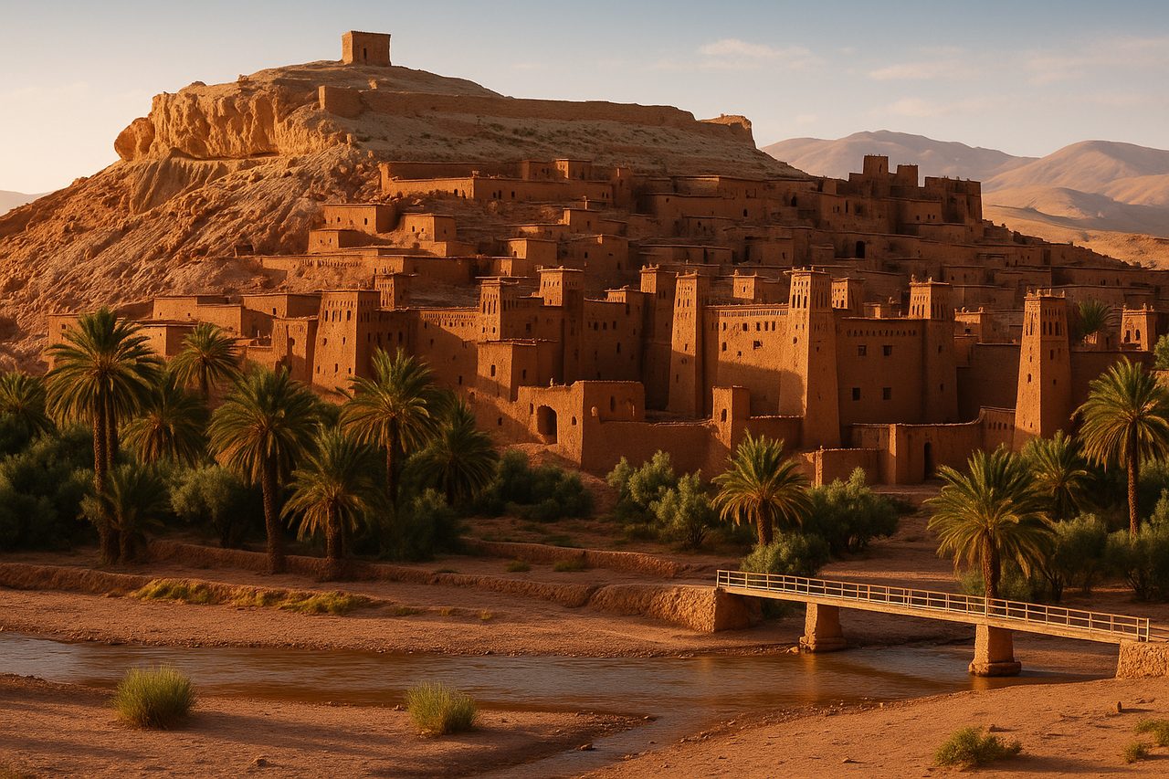 marrakech sahara desert tour - Aït Benhaddou UNESCO ksar with Atlas Mountains backdrop