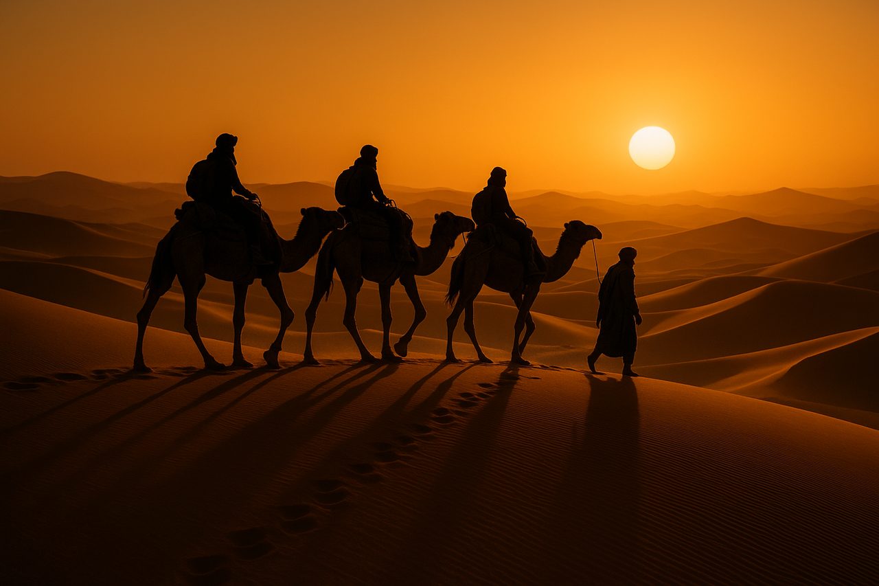 marrakech sahara desert tour - camel caravan trek at sunset into Sahara dunes near Merzouga