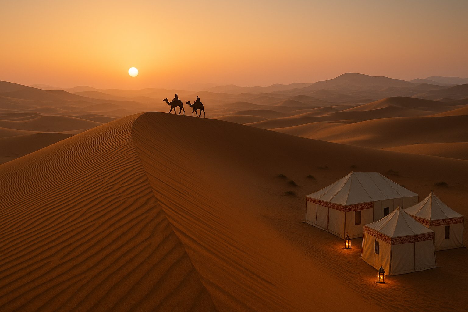 marrakech sahara desert tour - Erg Chebbi sand dunes at sunrise with camel caravan and luxury Berber bivouac camp