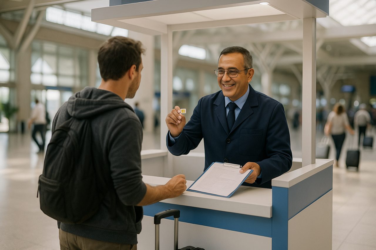 morocco sim card - airport telecom kiosk with staff helping passenger buy a physical SIM