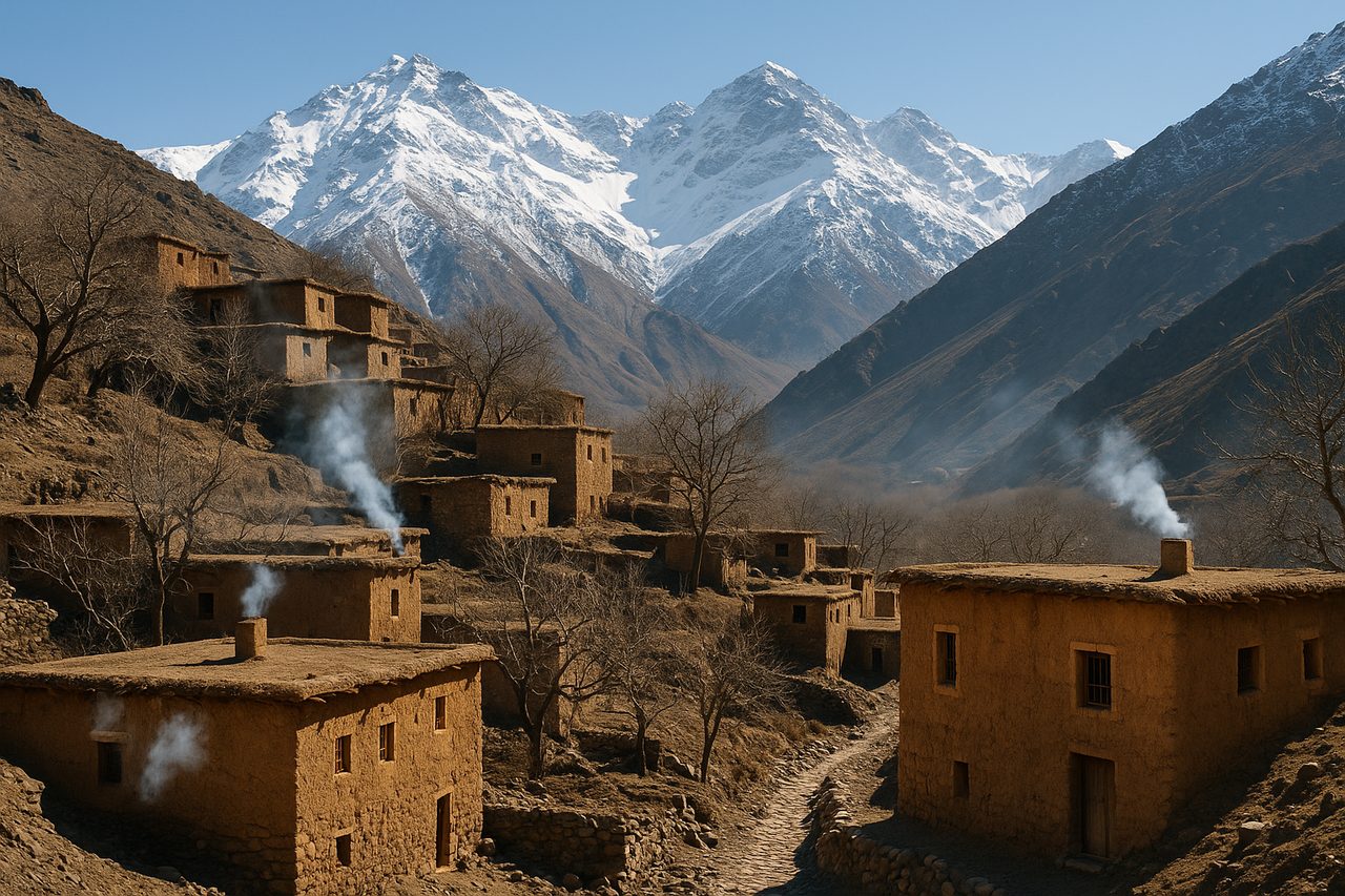 best time to visit morocco - snow-capped High Atlas Mountains with traditional Berber stone village in winter