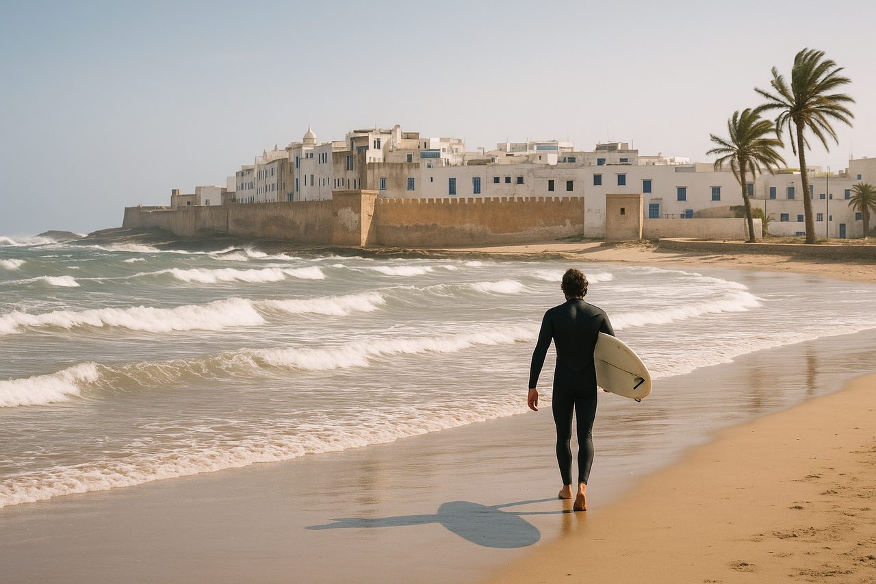best time to visit morocco - Essaouira Atlantic coastline with surfer carrying longboard, windy beach
