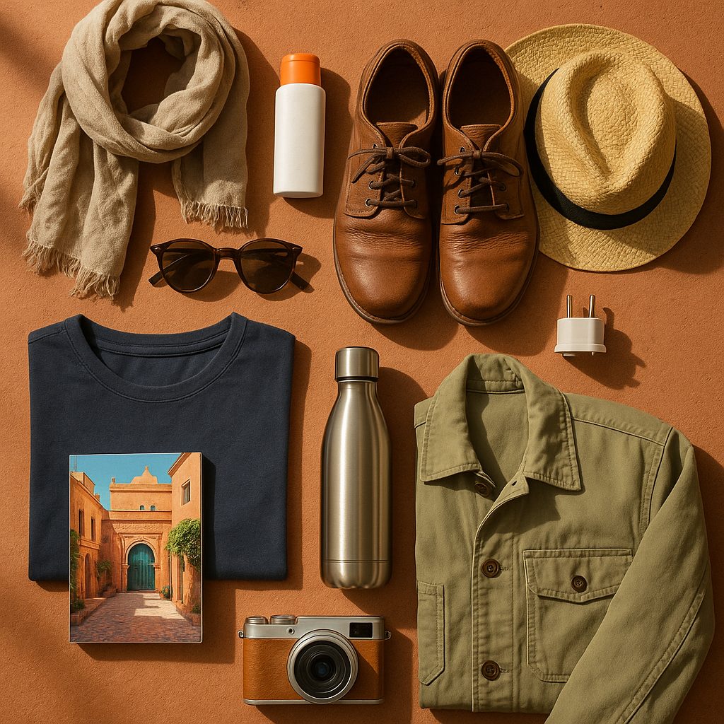 best time to visit morocco - flat-lay packing list with scarf, sunscreen, walking shoes, water bottle, hat, and EU plug adapter