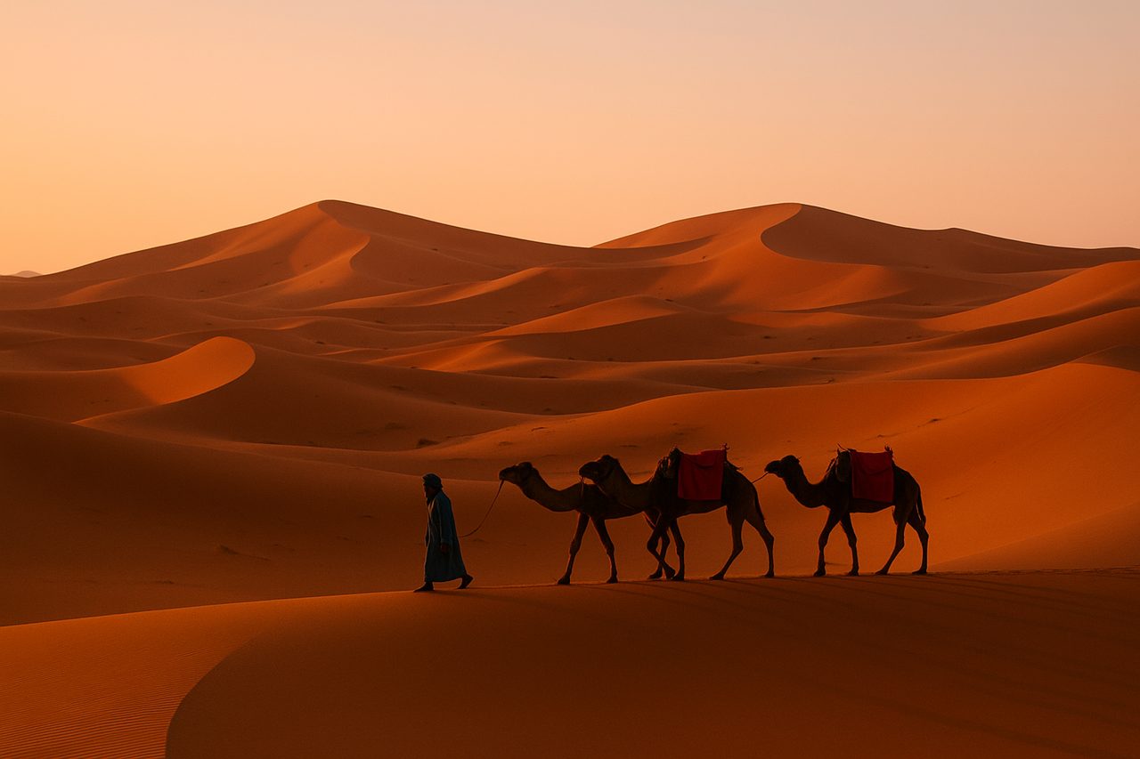 best time to visit morocco - Sahara desert sand dunes with camels at sunrise in Merzouga