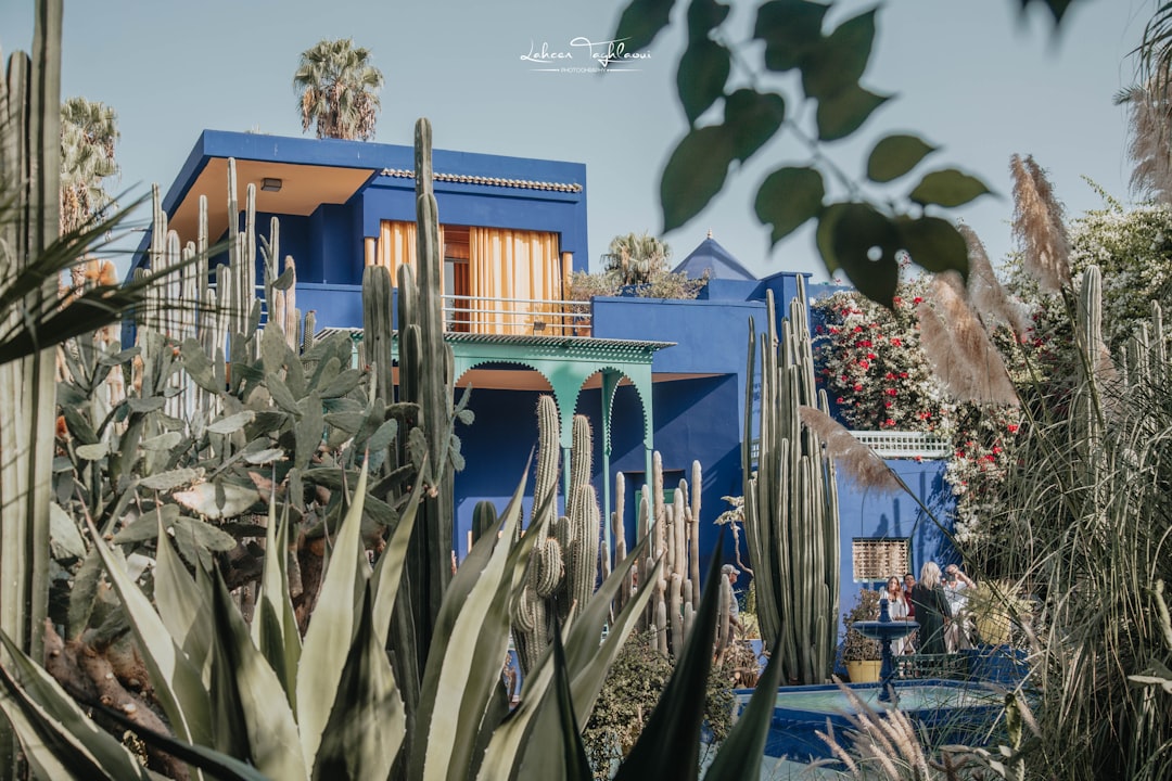 Jardin Majorelle Marrakech — cobalt-blue villa and walls with bamboo and yellow planters