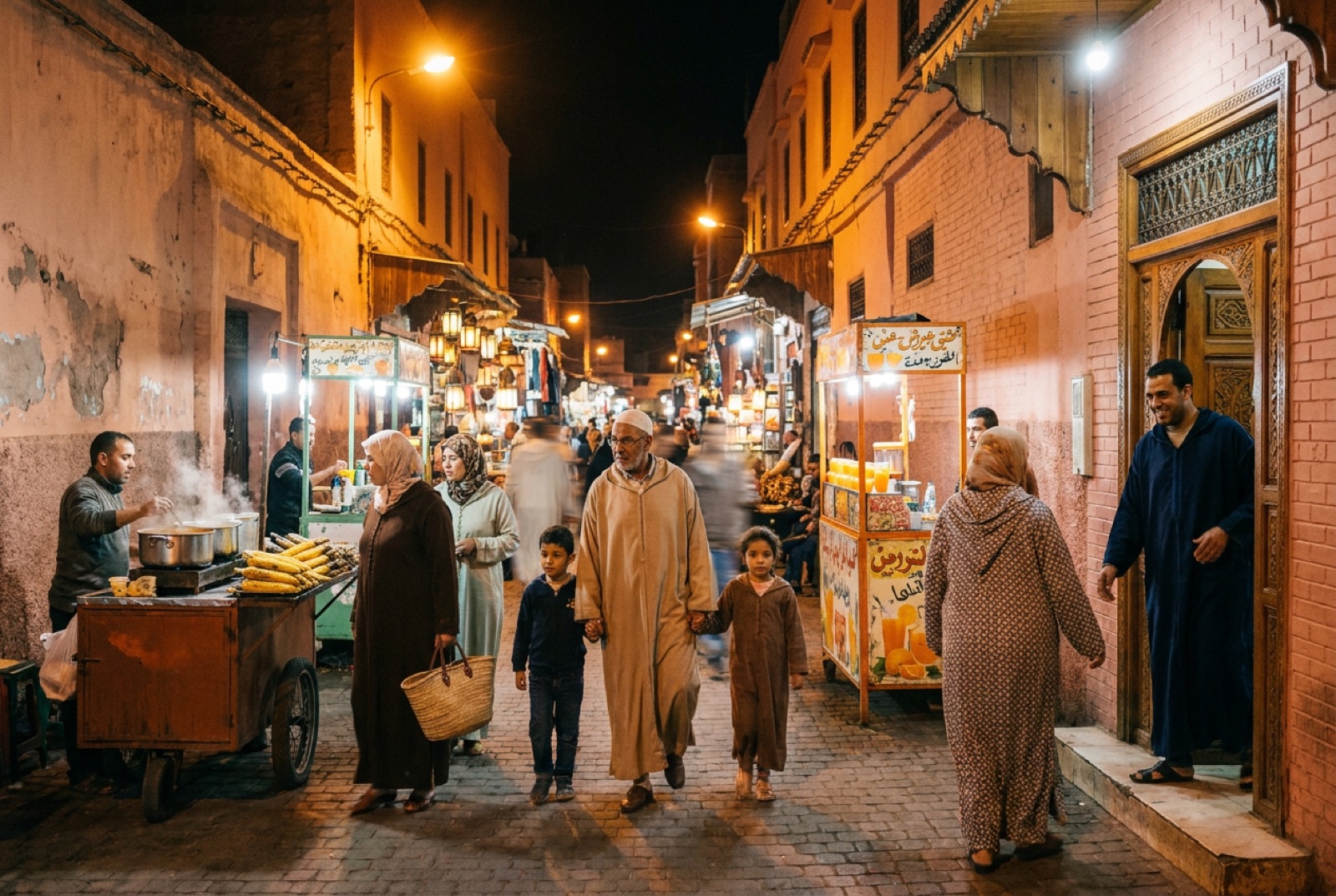 Well-lit main artery of the Marrakech medina near Jemaa el-Fna at night, busy with families and vendors