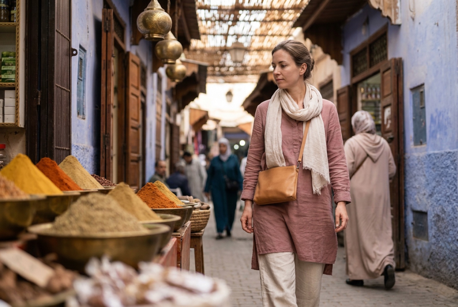 Solo female traveler in modest dusty rose tunic and loose linen trousers browsing a Fes spice souk