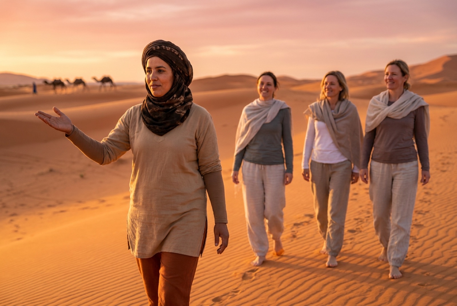 Amazigh female guide leading a small group of women travelers across Erg Chebbi dunes at sunset