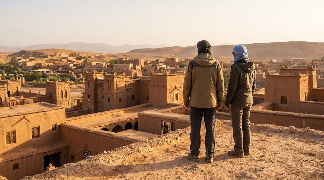 Two travelers overlooking the earthen ksar landscape at Ait Benhaddou in Morocco