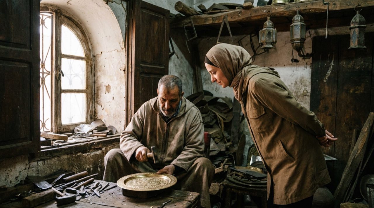 Traveler watching a brass artisan work inside a traditional workshop in Fes